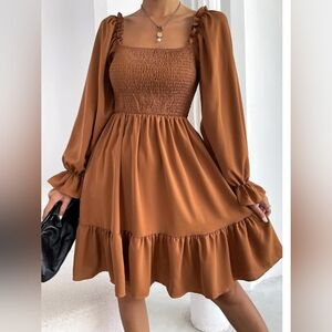 Shein Square Neck Shirred Flounce Sleeve Ruffle Hem Dress